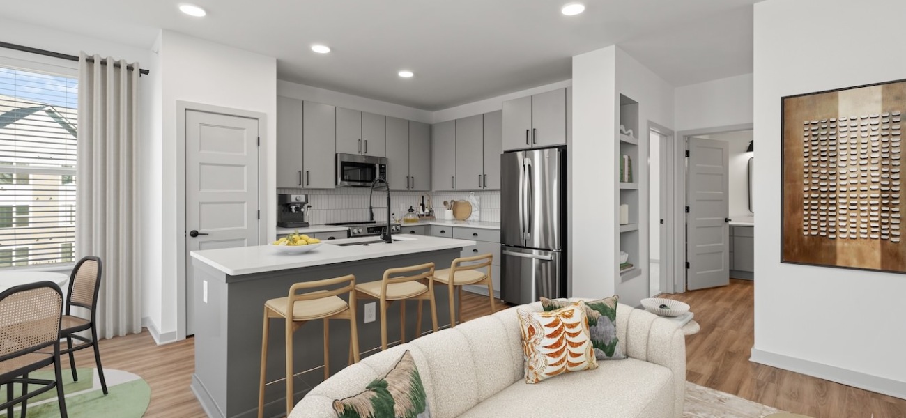 living area kitchen island barstools fridge stove cabinets wood floors dining set windows living area kitchen island barstools fridge stove cabinets wood floors dining set windows